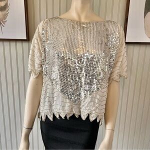 Vintage Silk Sequins Swirl Boxy Top Ivory